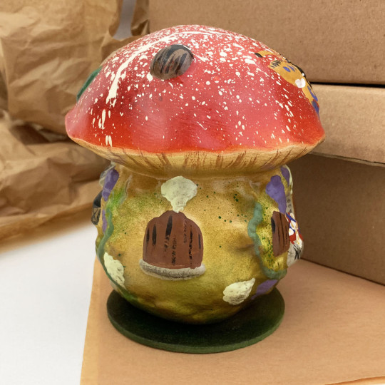 Red Santa Mushroom House Papier Mache Candy Container ~ Germany ~ 5-1/2" tall