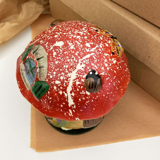 Red Santa Mushroom House Papier Mache Candy Container ~ Germany ~ 5-1/2" tall
