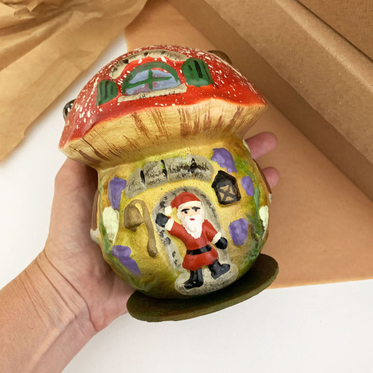 Red Santa Mushroom House Papier Mache Candy Container ~ Germany ~ 5-1/2" tall