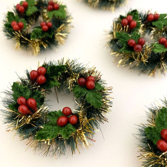 Retro Bottle Brush Christmas Mini Wreaths with Leaves and Berries~ Set of 2 ~ 2" across