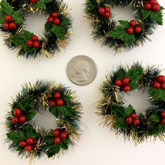 Retro Bottle Brush Christmas Mini Wreaths with Leaves and Berries~ Set of 2 ~ 2" across