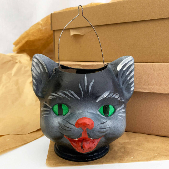 Black Cat Papier Mache Candy Bucket or Retro Halloween Lantern ~ Germany ~ 4-1/2" tall