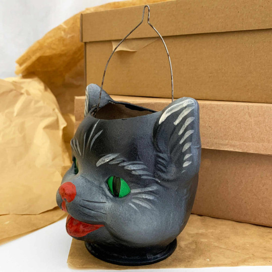 Black Cat Papier Mache Candy Bucket or Retro Halloween Lantern ~ Germany ~ 4-1/2" tall