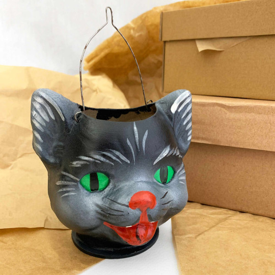 Black Cat Papier Mache Candy Bucket or Retro Halloween Lantern ~ Germany ~ 4-1/2" tall