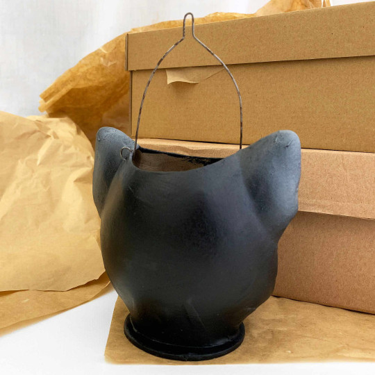 Black Cat Papier Mache Candy Bucket or Retro Halloween Lantern ~ Germany ~ 4-1/2" tall