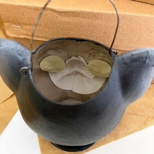 Black Cat Papier Mache Candy Bucket or Retro Halloween Lantern ~ Germany ~ 4-1/2" tall