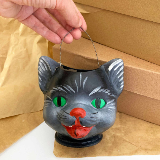 Black Cat Papier Mache Candy Bucket or Retro Halloween Lantern ~ Germany ~ 4-1/2" tall