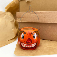 Petite Jack-O-Lantern Papier Mache Candy Bucket or Retro Pumpkin Lantern ~ Germany ~ 2" tall