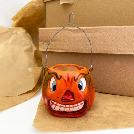 Petite Jack-O-Lantern Papier Mache Candy Bucket or Retro Pumpkin Lantern ~ Germany ~ 2" tall