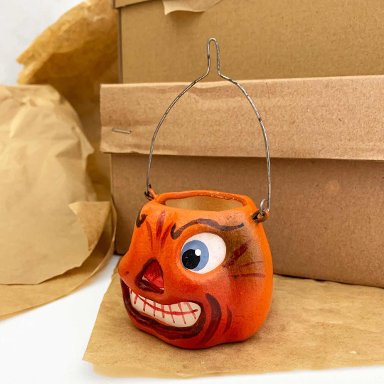 Petite Jack-O-Lantern Papier Mache Candy Bucket or Retro Pumpkin Lantern ~ Germany ~ 2" tall