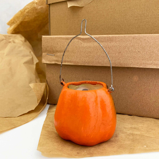 Petite Jack-O-Lantern Papier Mache Candy Bucket or Retro Pumpkin Lantern ~ Germany ~ 2" tall