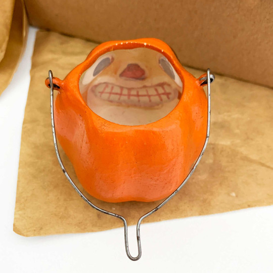 Petite Jack-O-Lantern Papier Mache Candy Bucket or Retro Pumpkin Lantern ~ Germany ~ 2" tall