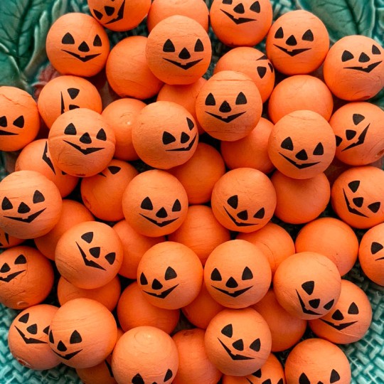 5 Small Spun Cotton Pumpkin Jack-O-Lantern Heads in Orange 3/4"