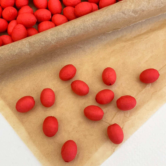 12 Red Tiny Spun Cotton Elf Feet, Eggs or Berries ~ 11 x 8mm
