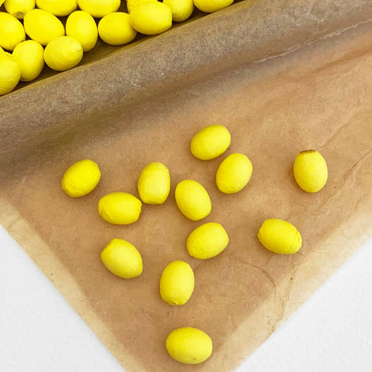 12 Yellow Tiny Spun Cotton Elf Feet, Eggs or Berries ~ 11 x 8mm