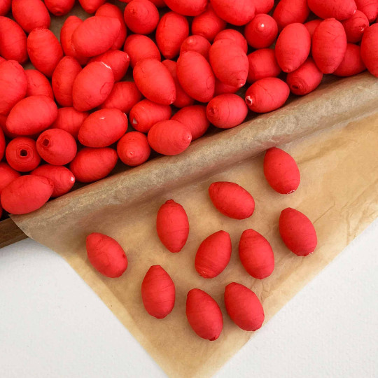 10 Red Spun Cotton Elf Feet, Flower Buds or Rose Hips ~ 20mm