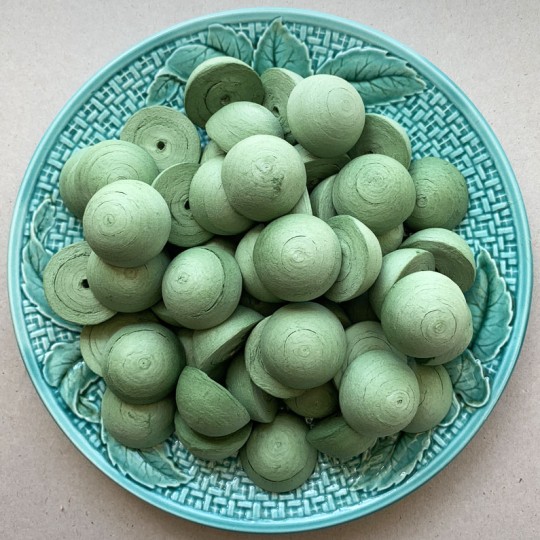6 Spun Cotton Half Balls, Hats, Mushroom Caps in Green 1-1/8" ~ Czech Republic