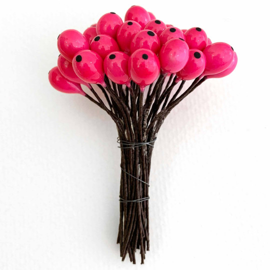 36 Lacquered Hot Pink Berries with Black Dots~ 3/8"