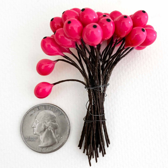 36 Lacquered Hot Pink Berries with Black Dots~ 3/8"