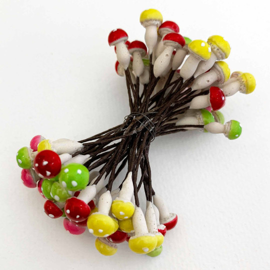 36 Miniature Plaster Mushrooms ~ Double-ended Mushroom Stamen ~ Multi-color Mix