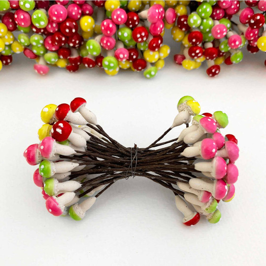 36 Miniature Plaster Mushrooms ~ Double-ended Mushroom Stamen ~ Multi-color Mix