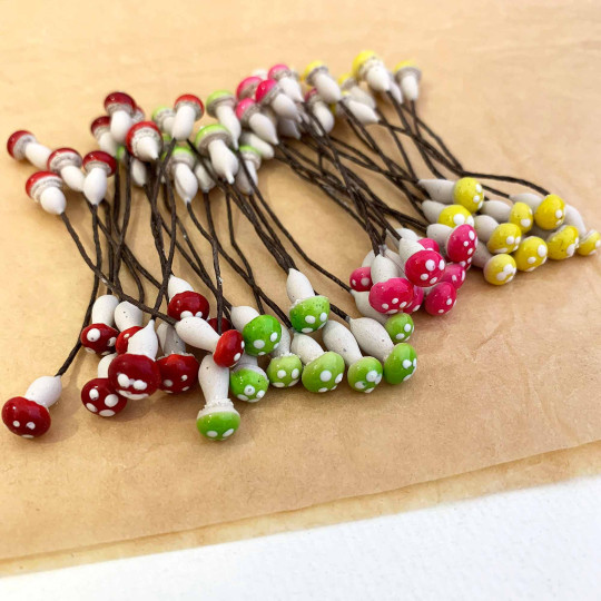 36 Miniature Plaster Mushrooms ~ Double-ended Mushroom Stamen ~ Multi-color Mix