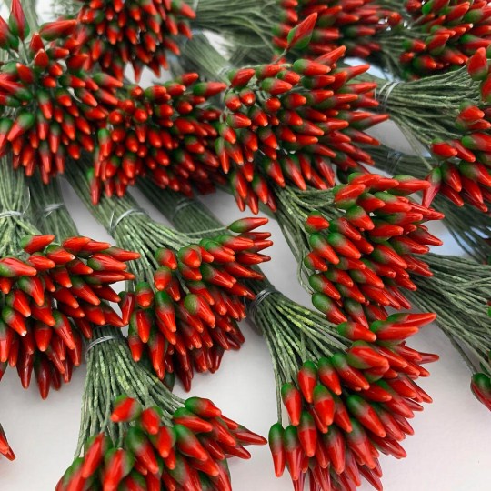 Red and Green Long Stem Stamen for Christmas Crafting ~ Wired Green Stems
