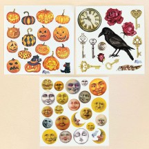 Petite Stickers of Halloween Pumpkins, Moons, Keys and a Raven ~ 3 Sheet Mixed Sticker Set