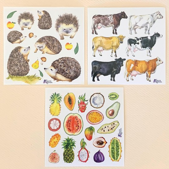 Petite Stickers of Fruit, Hedgehogs and Cows ~ 3 Sheet Mixed Sticker Set