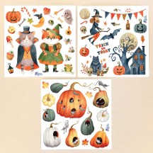 Petite Stickers of Halloween Cats, Treats, Gourds and a Hounted House ~ 3 Sheet Mixed Sticker Set