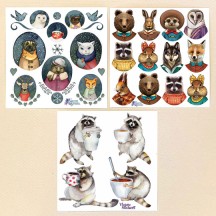 Petite Stickers of Dapper Animals, Coffee Racoons and Winter Animals ~ 3 Sheet Mixed Sticker Set