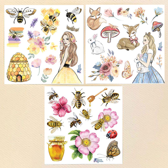 Petite Stickers of Maidens, Bees, Flowers and Animals ~ 3 Sheet Mixed Sticker Set