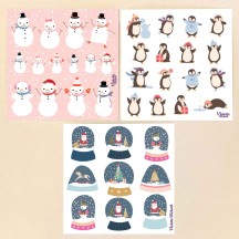 Petite Stickers of Small Snowmen, Penguins and Snow Globes ~ 3 Sheet Mixed Sticker Set