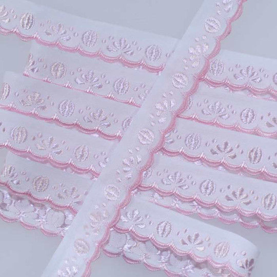 Scalloped Pink Flower and Leaf Woven Trim ~ Czech Republic ~ 3/4" wide