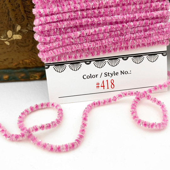 Raspberry & White + Silver Chenille Sparkle Cording ~ 5 yards ~ Tiny 1/8" wide