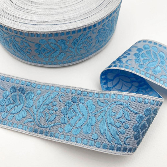 Blue Floral Jacquard Trim ~ Czech Republic ~ 1-5/8" wide (40mm)