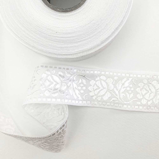 White and White Floral Jacquard Trim ~ Czech Republic ~ 1-5/8" wide (40mm)