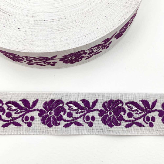Purple and White Floral Folk Costume Trim ~ Czech Republic ~ 7/8" wide (22mm)