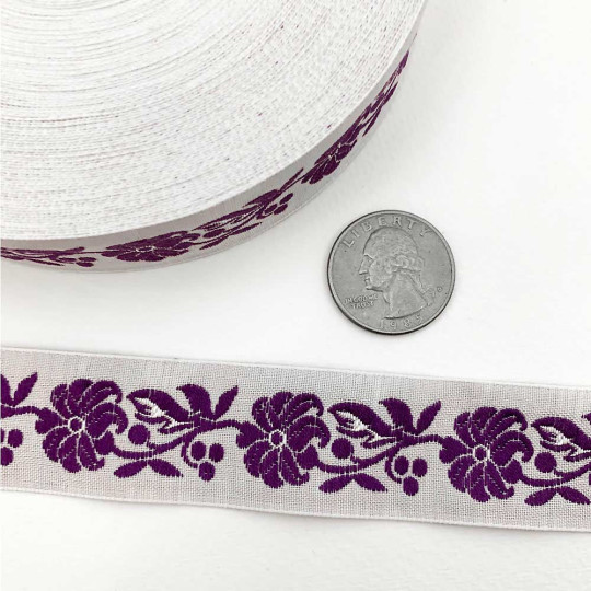 Purple and White Floral Folk Costume Trim ~ Czech Republic ~ 7/8" wide (22mm)