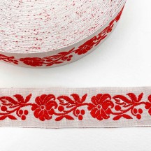 Red and White Floral Folk Costume Trim ~ Czech Republic ~ 7/8" wide (22mm)
