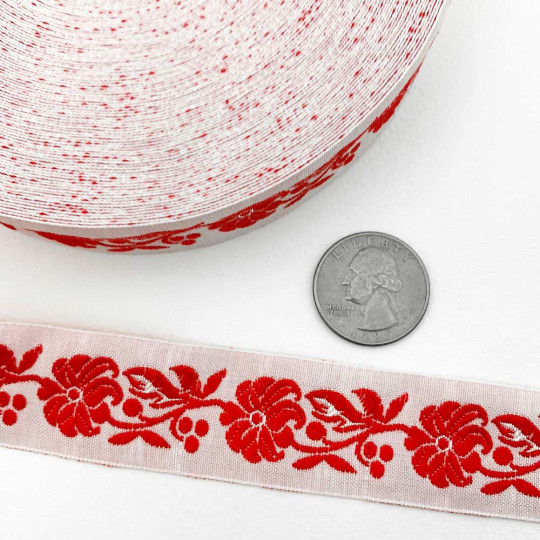 Red and White Floral Folk Costume Trim ~ Czech Republic ~ 7/8" wide (22mm)