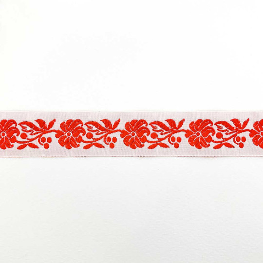 Red and White Floral Folk Costume Trim ~ Czech Republic ~ 7/8" wide (22mm)