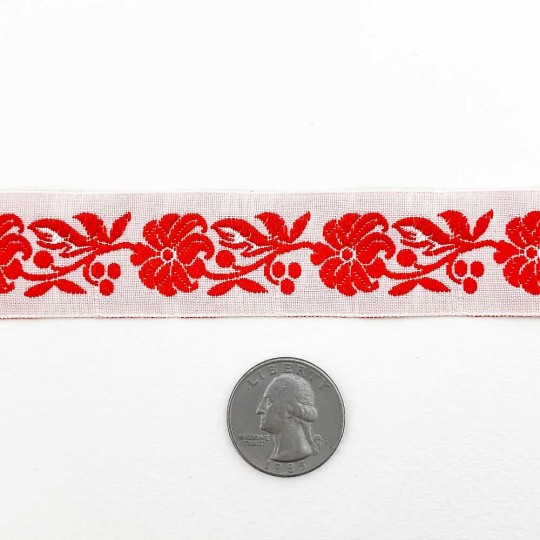 Red and White Floral Folk Costume Trim ~ Czech Republic ~ 7/8" wide (22mm)