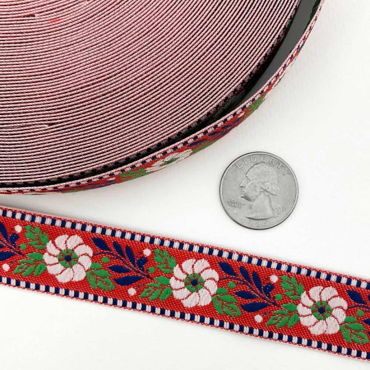 Red Floral Folk Costume Trim ~ Czech Republic ~ 1" wide (25mm)