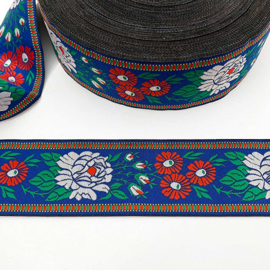 Wide Blue Floral Folk Costume Trim ~ Czech Republic ~ 1-3/4" wide (45mm)