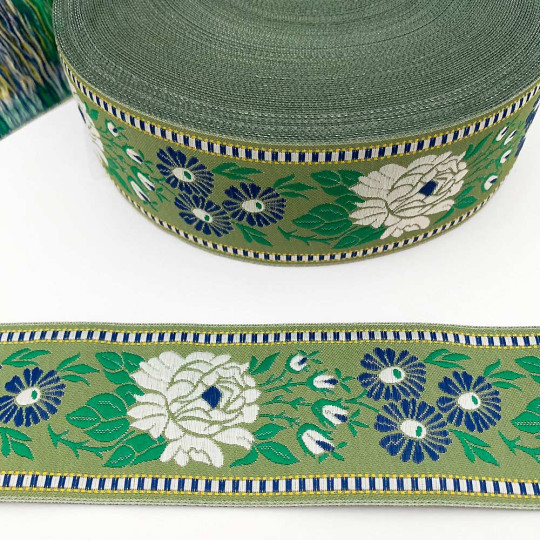 Wide Green Floral Folk Costume Trim ~ Czech Republic ~ 1-3/4" wide (45mm)