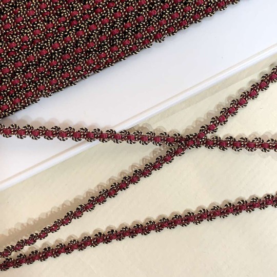 Old Stock Fancy Woven Trim in Metallic Old Gold + Burgundy ~ 3/16" wide