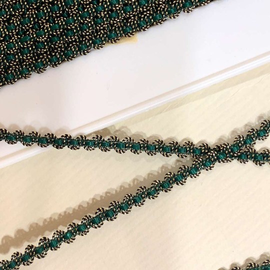 Old Stock Fancy Woven Trim in Metallic Old Gold + Green ~ 3/16" wide