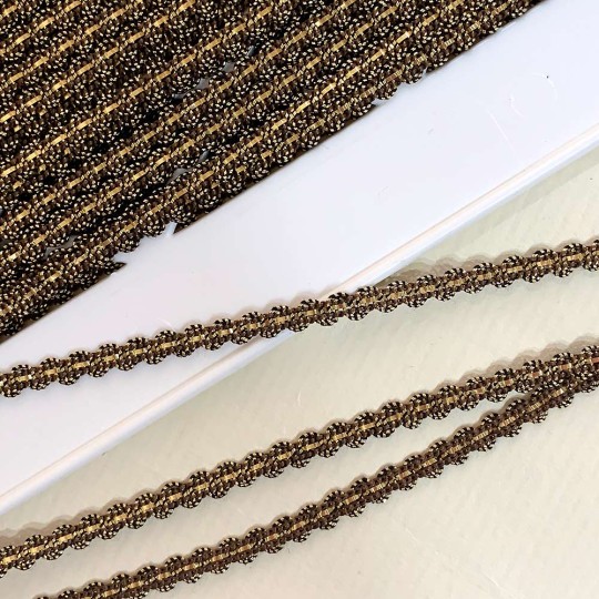 Old Stock Fancy Woven Trim in Old Gold + Metallic Gold ~ 3/16" wide