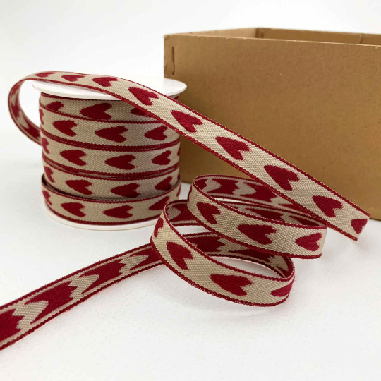 Burgundy Hearts Linen Ribbon Trim ~ Sweden ~ 12 mm wide